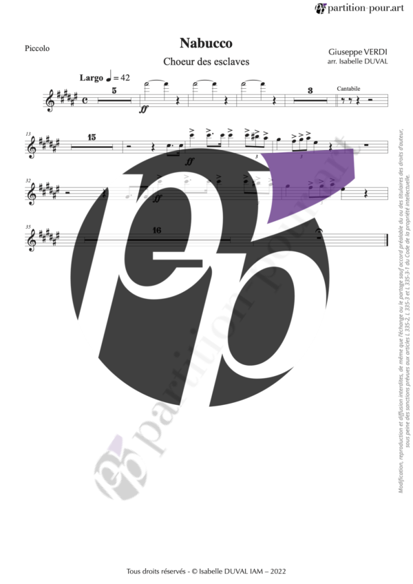 PP01598 - Verdi G - Nabucco - Chœur des esclaves - 3 voix & orchestre allégé -piccolo