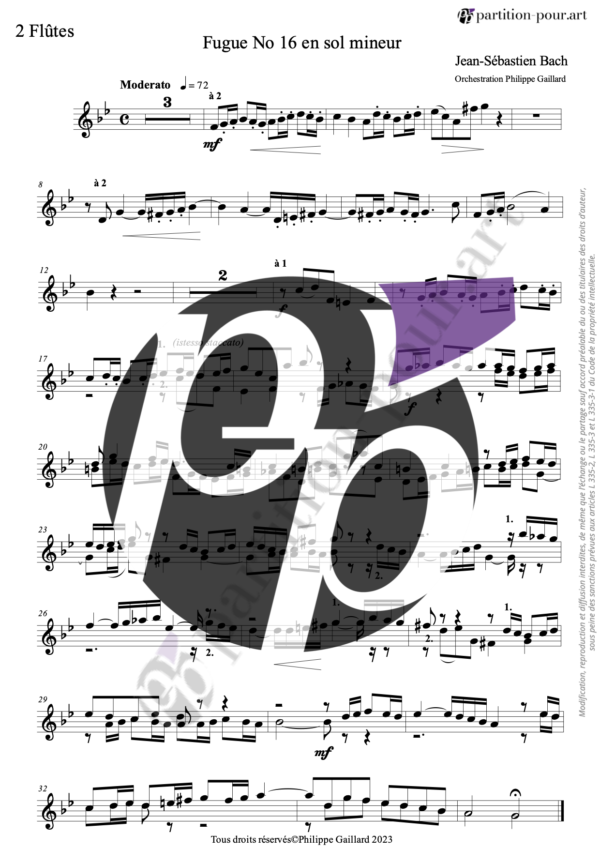 PP36923 - Bach JS - Fugue N°16 en Sol mineur - orchestre -flûtes