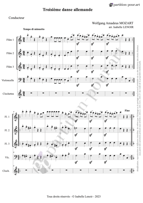 PP62747 - Mozart W.A. - Troisième danse allemande - Menuet et trio - flûtes violoncelle clochettes -conducteur1