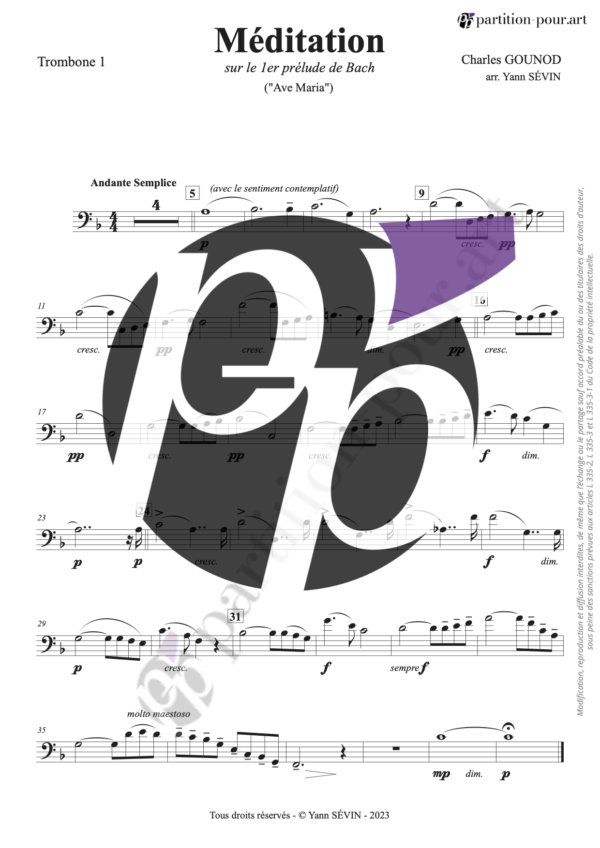PP68291 - Gounod C - Méditation sur le 1er prélude de Bach - Ave Maria - trombones & piano -trombone1