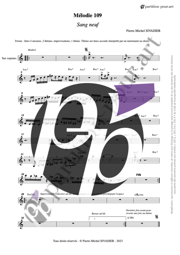 PP230233 - Sivadier PM - Mélodie 109 - Sang neuf - piano & sax soprano ou guitare -saxo