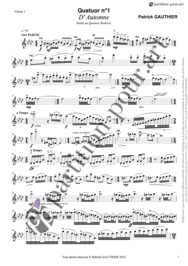 PP671384 - Gauthier P - Quatuor à cordes n°1 - D'Automne - violons alto violoncelle -violon1