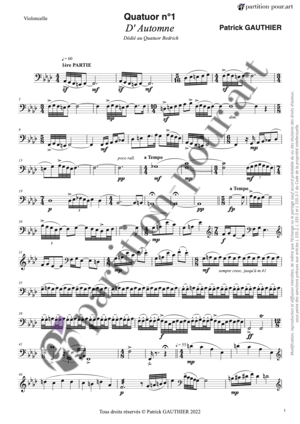 PP671384 - Gauthier P - Quatuor à cordes n°1 - D'Automne - violons alto violoncelle -violoncelle1